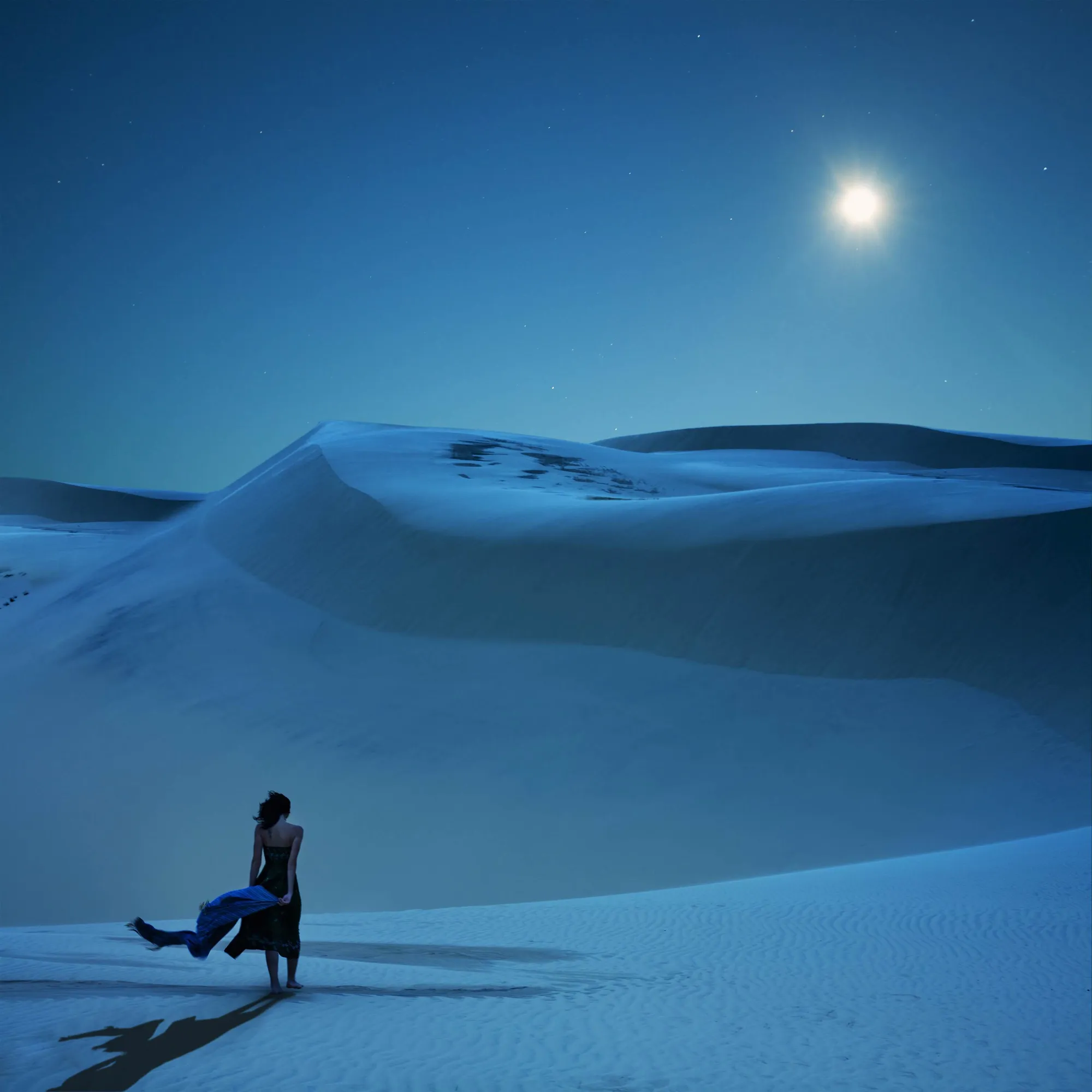 Cover artwork for Beyond the Mirage: a lone figure in a windblown skirt walks across blue, moonlit sand dunes beneath a bright moon.